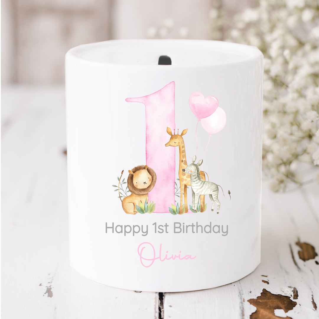 Personalised Pink Safari Birthday Money Box