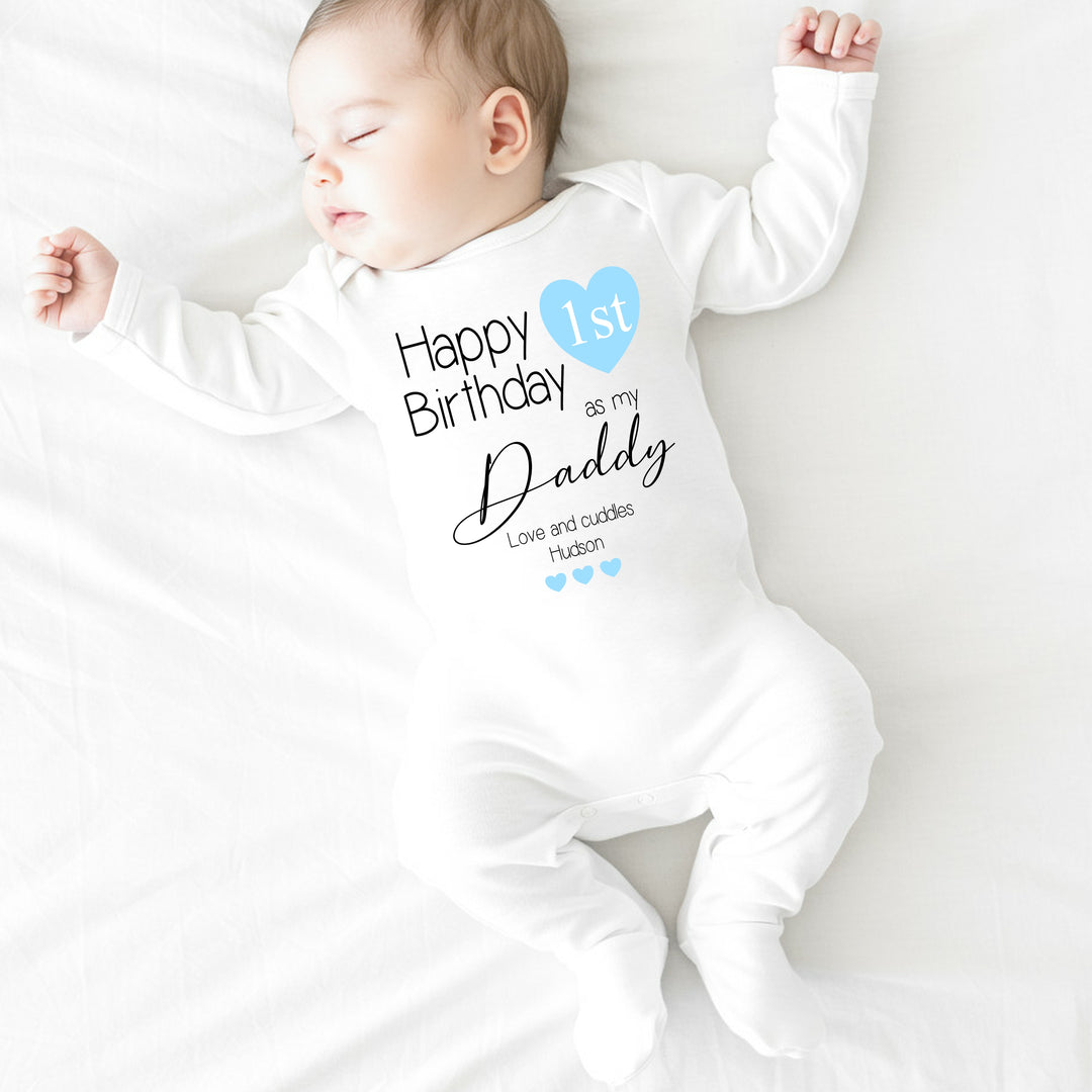 Personalised Blue Heart Happy Birthday Daddy Babygrow/Vest