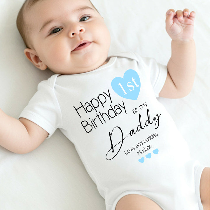Personalised Blue Heart Happy Birthday Daddy Babygrow/Vest
