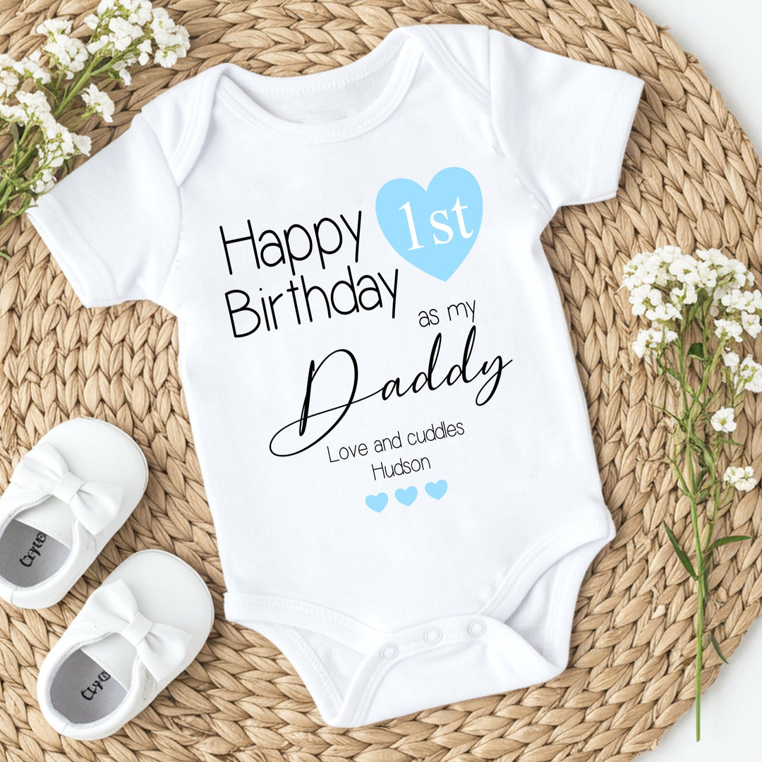 Personalised Blue Heart Happy Birthday Daddy Babygrow/Vest