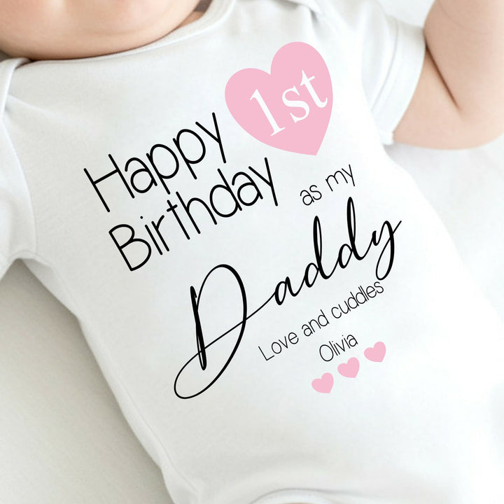 Personalised Pink Heart Happy Birthday Daddy Babygrow/Vest