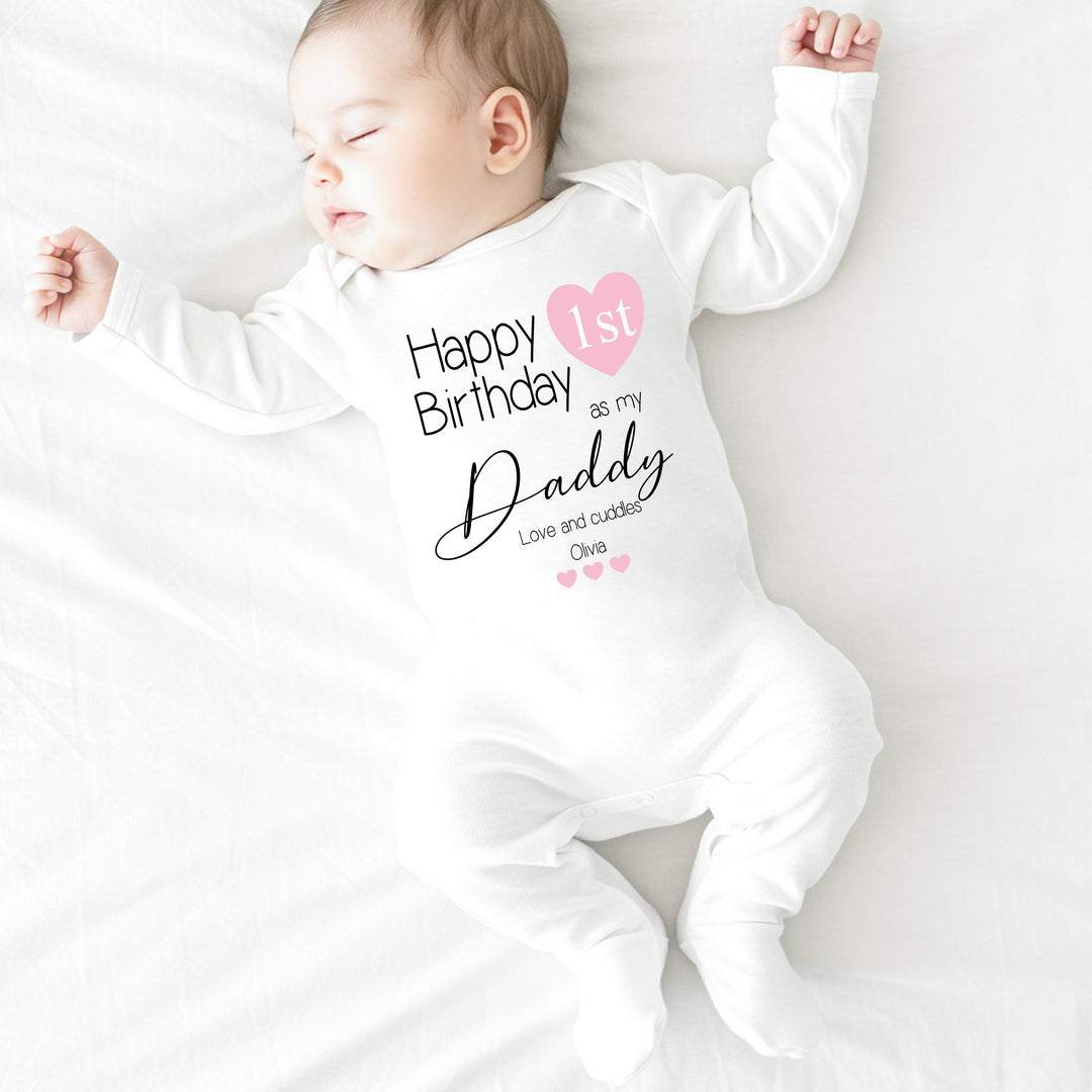 Personalised Pink Heart Happy Birthday Daddy Babygrow/Vest