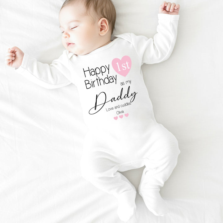 Personalised Pink Heart Happy Birthday Daddy Babygrow/Vest