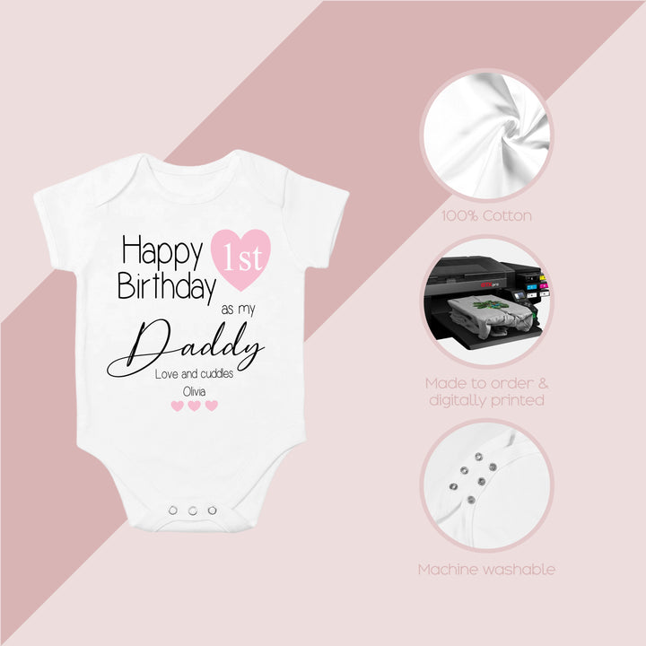 Personalised Pink Heart Happy Birthday Daddy Babygrow/Vest