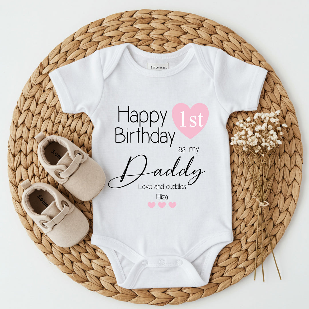 Personalised Pink Heart Happy Birthday Daddy Babygrow/Vest