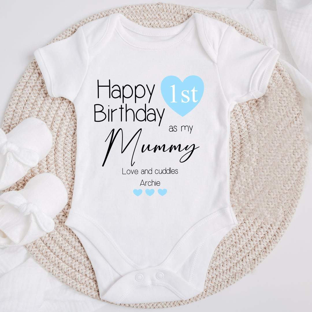 Personalised Blue Heart Happy Birthday Mummy Babygrow/Vest