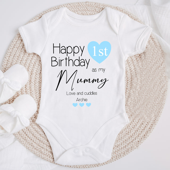 Personalised Blue Heart Happy Birthday Mummy Babygrow/Vest