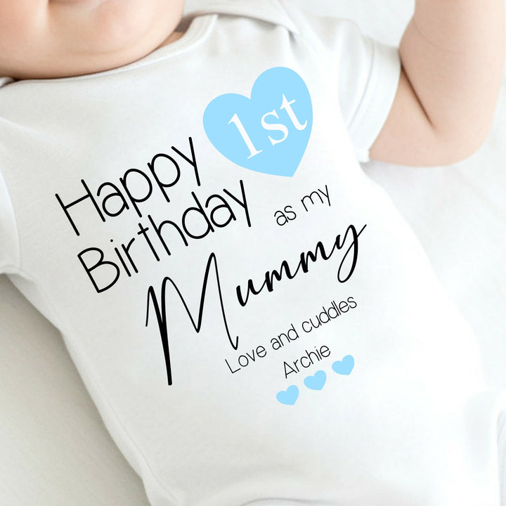 Personalised Blue Heart Happy Birthday Mummy Babygrow/Vest