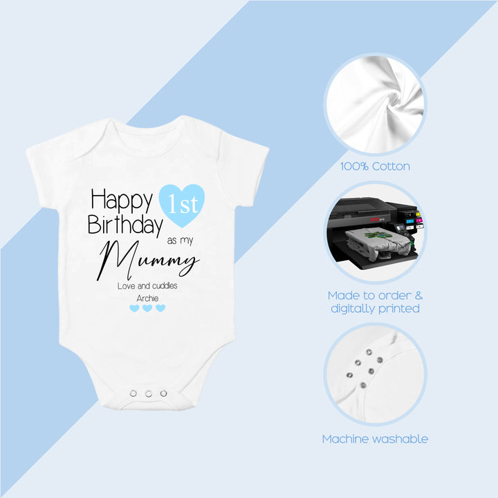 Personalised Blue Heart Happy Birthday Mummy Babygrow/Vest