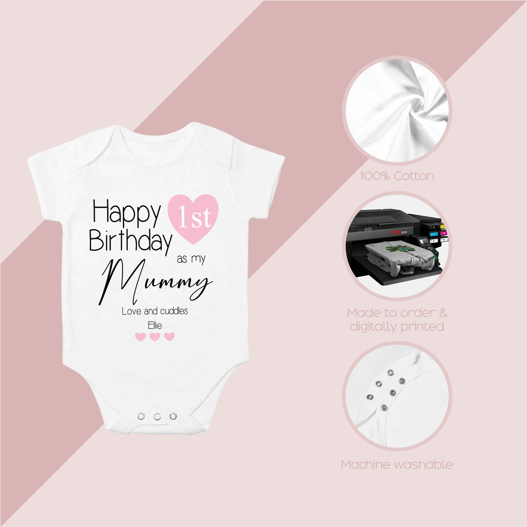 Personalised Pink Heart Happy Birthday Mummy Babygrow/Vest