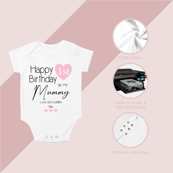 Personalised Pink Heart Happy Birthday Mummy Babygrow/Vest