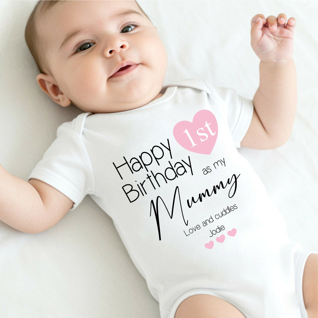 Personalised Pink Heart Happy Birthday Mummy Babygrow/Vest