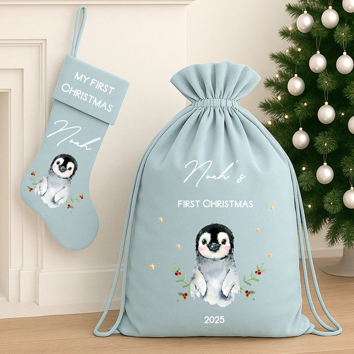 Personalised Christmas Penguin Christmas Stocking or Santa Sack