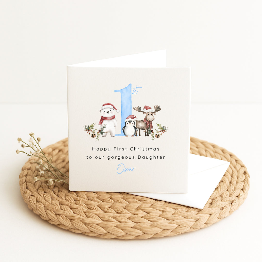 Personalised Woodlands Happy First Christmas Card