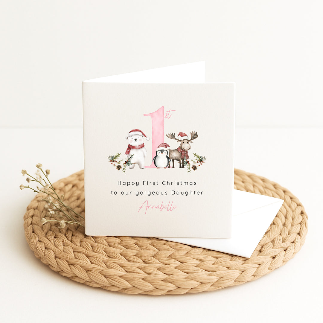 Personalised Woodlands Happy First Christmas Card
