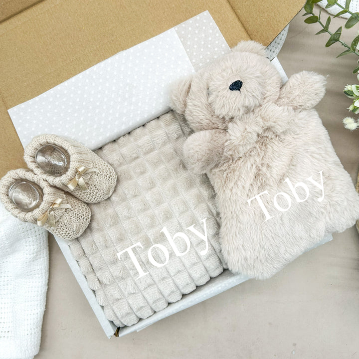 Personalised Unisex Embroidered Beige Blanket, Comforter or Gift Set