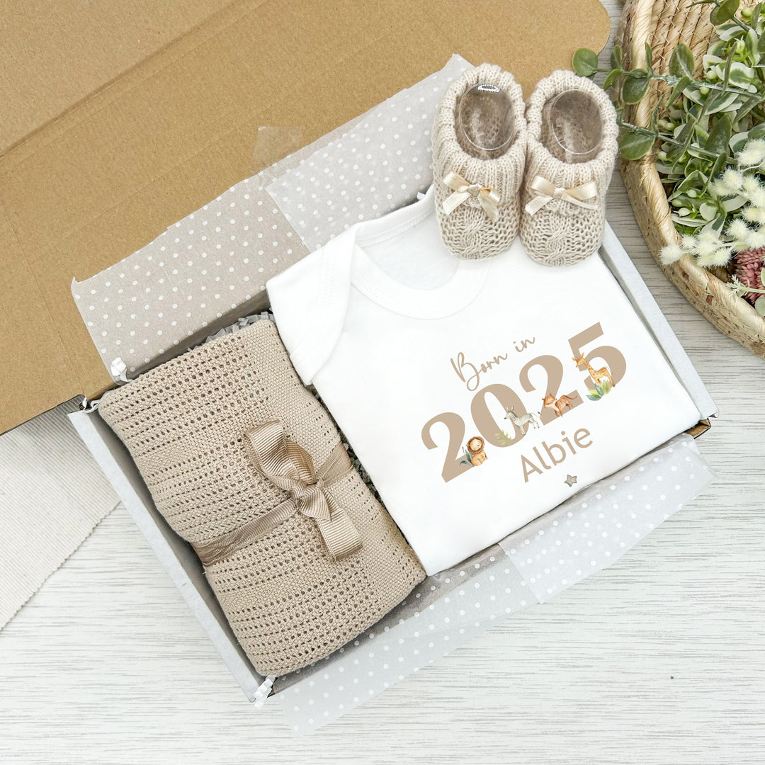 Personalised Born in Beige Jungle Clothing Hamper Set