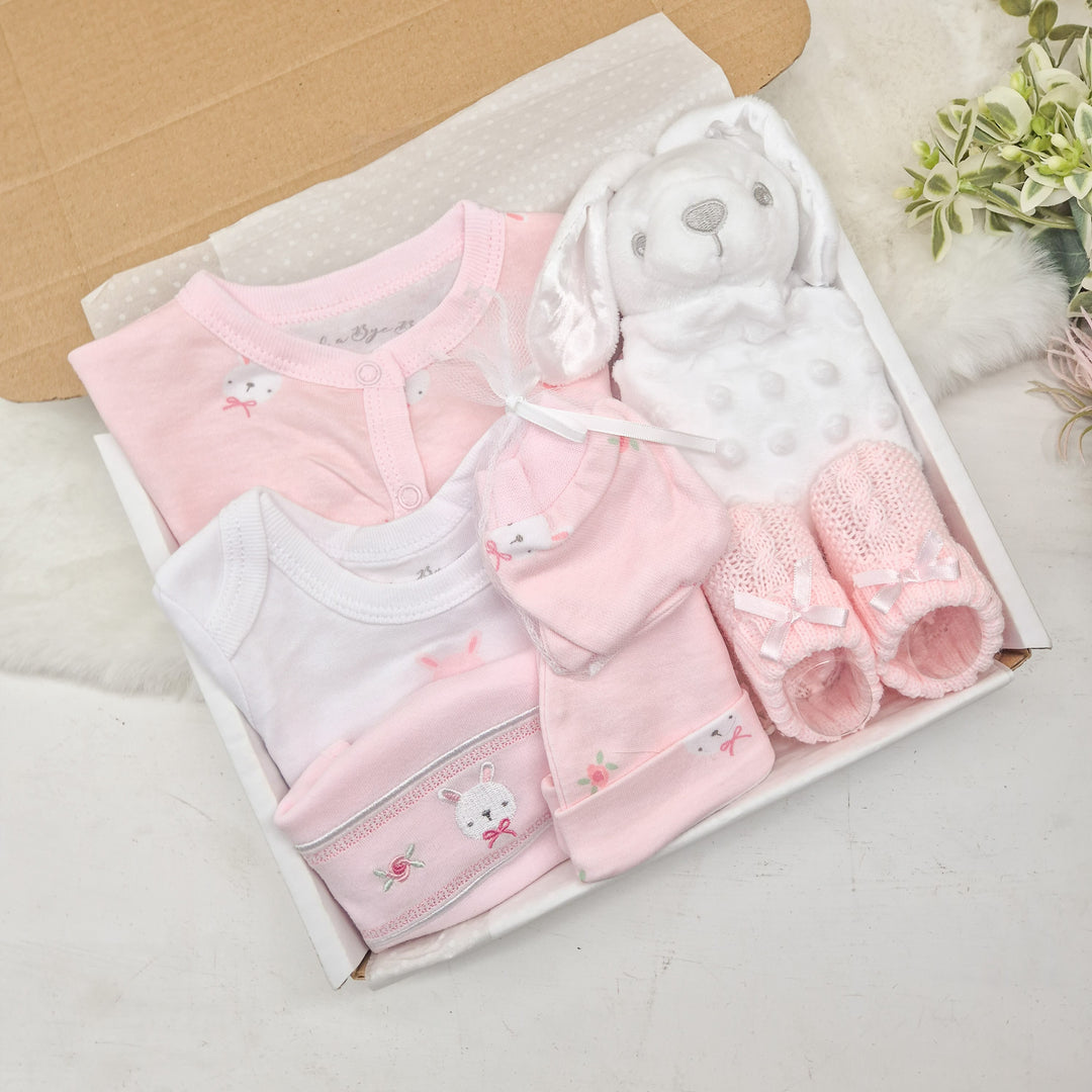 Girls Pink White Bunny and Comforter Hamper Set