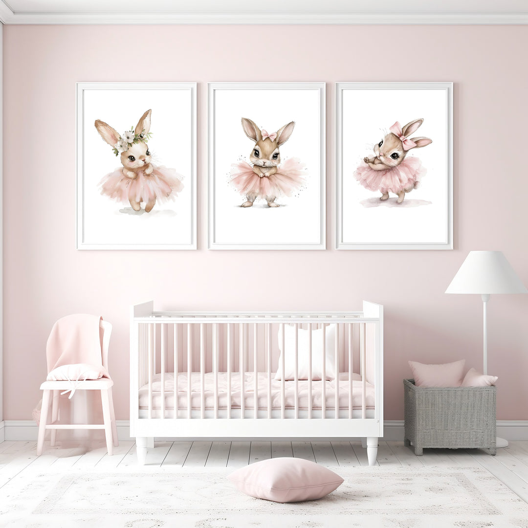 Pink Ballerina Bunny Set of 3 Wall Art