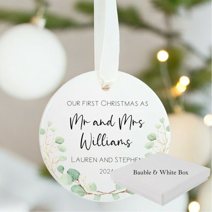 Personalised Our First Christmas Mr & Mrs Leaf Wreath Ornament