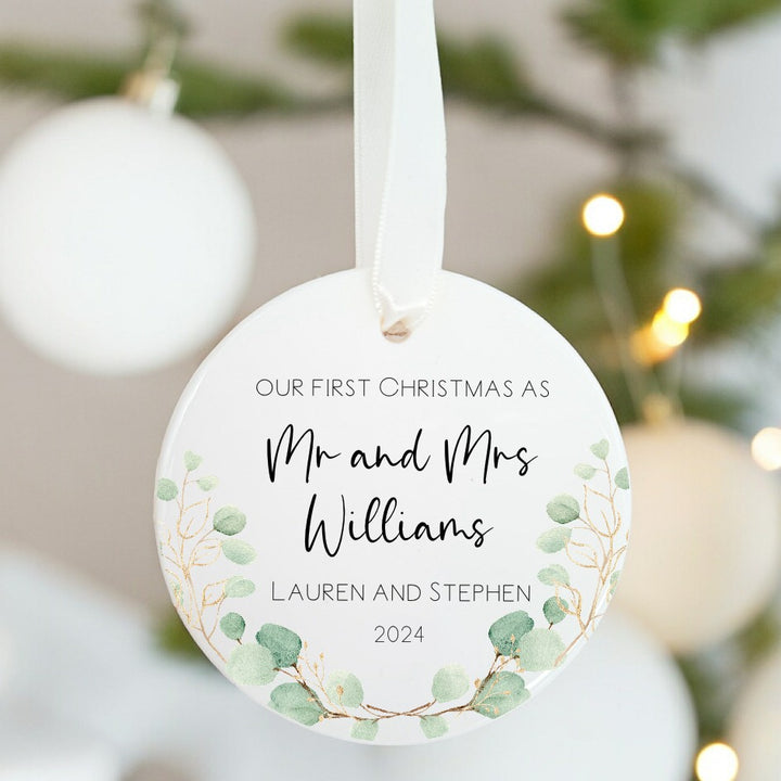 Personalised Our First Christmas Mr & Mrs Leaf Wreath Ornament