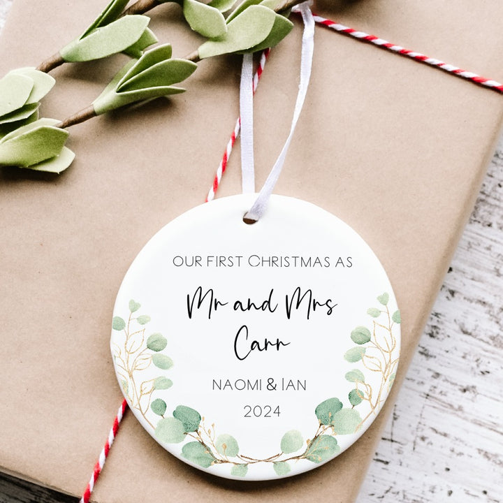 Personalised Our First Christmas Mr & Mrs Leaf Wreath Ornament