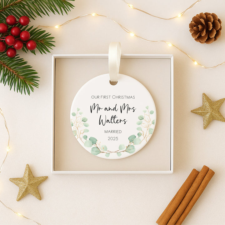Personalised Our First Christmas Mr & Mrs Leaf Wreath Ornament