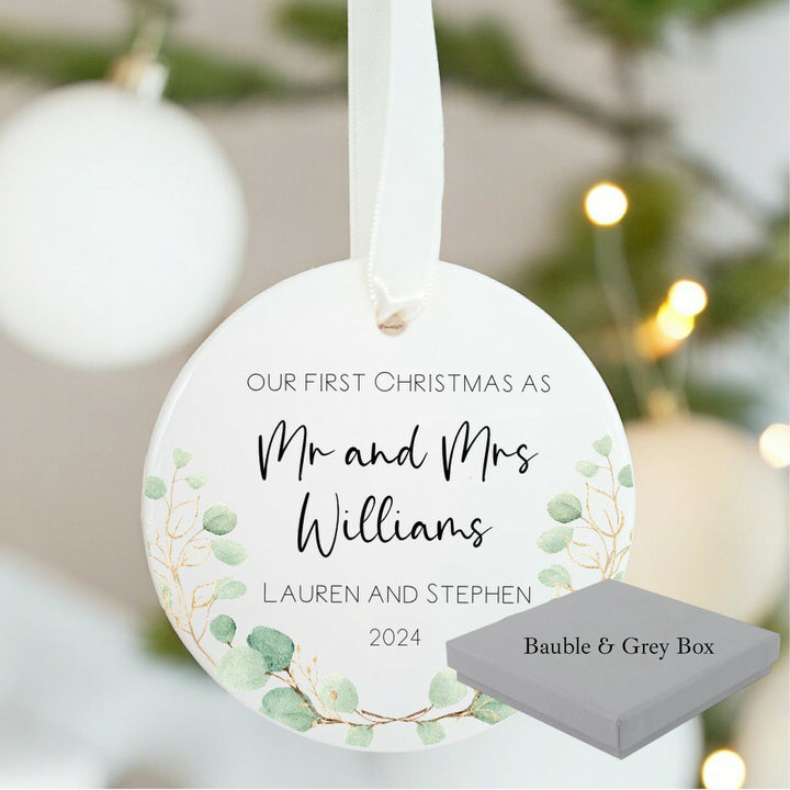 Personalised Our First Christmas Mr & Mrs Leaf Wreath Ornament