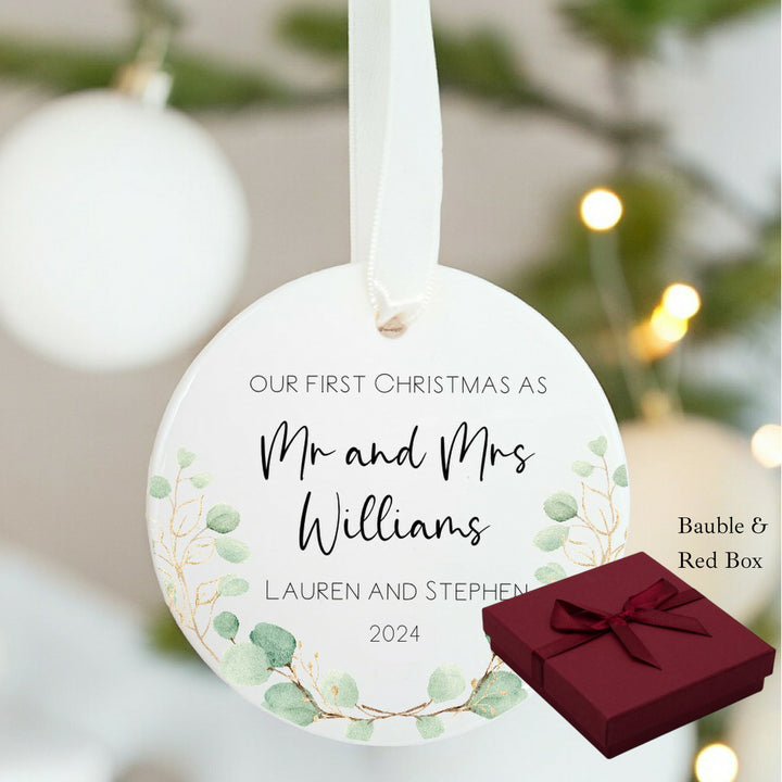 Personalised Our First Christmas Mr & Mrs Leaf Wreath Ornament