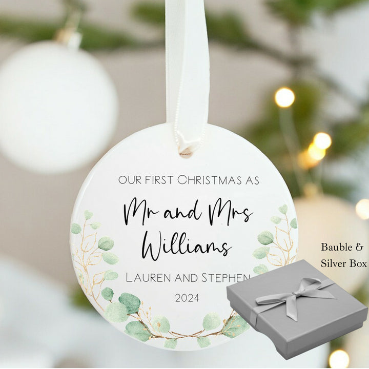 Personalised Our First Christmas Mr & Mrs Leaf Wreath Ornament