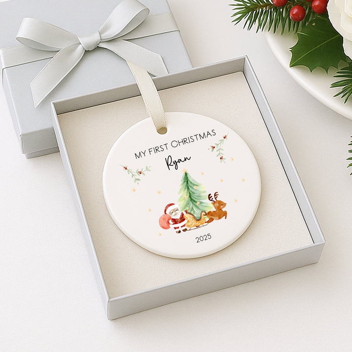 My First Christmas Santa Scene Personalised Ceramic Bauble