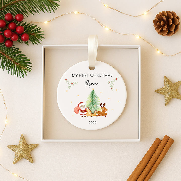 My First Christmas Santa Scene Personalised Ceramic Bauble