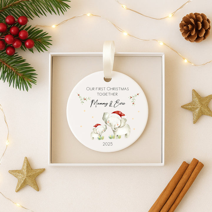 Personalised Our First Christmas Elephant Ceramic Bauble