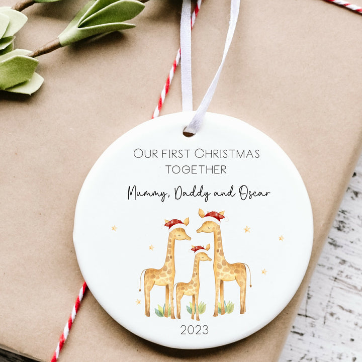 Personalised Our First Christmas Togeter Giraffe Ceramic Bauble