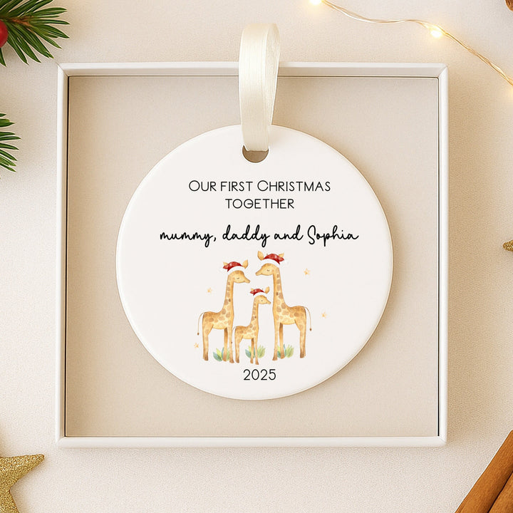 Personalised Our First Christmas Togeter Giraffe Ceramic Bauble
