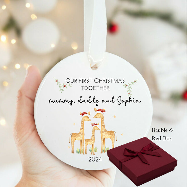 Personalised Our First Christmas Togeter Giraffe Ceramic Bauble