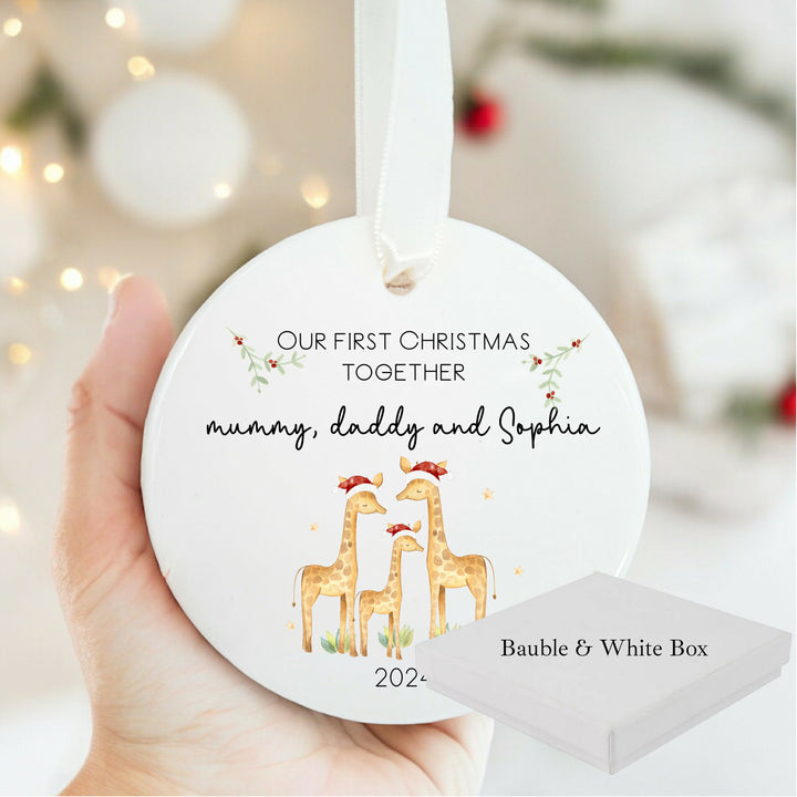 Personalised Our First Christmas Togeter Giraffe Ceramic Bauble