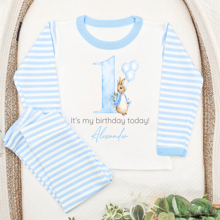 Personalised Raibbit Blue Stripe Boys Birthday Pyjamas