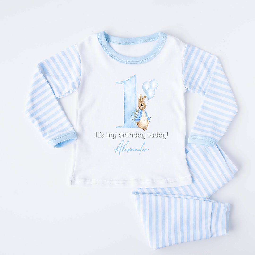 Personalised Raibbit Blue Stripe Boys Birthday Pyjamas
