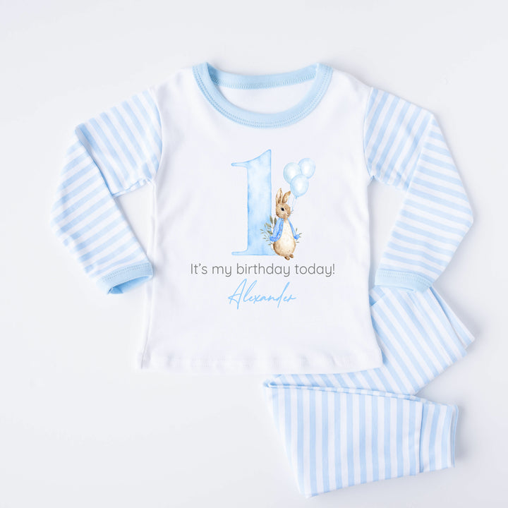 Personalised Raibbit Blue Stripe Boys Birthday Pyjamas