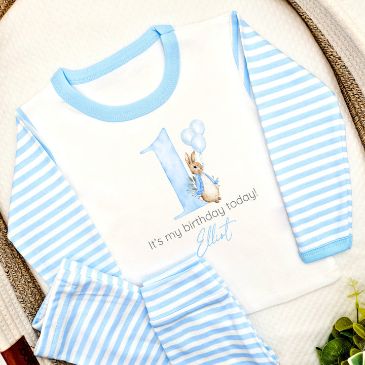 Personalised Raibbit Blue Stripe Boys Birthday Pyjamas