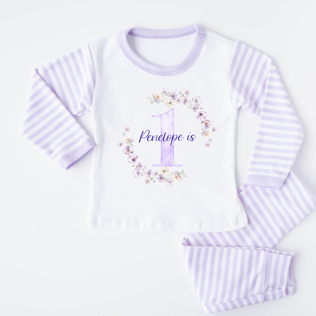 Personalised Floral Wreath Lilac Stripe Girls Birthday Pyjamas