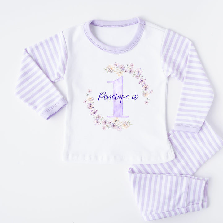 Personalised Floral Wreath Lilac Stripe Girls Birthday Pyjamas