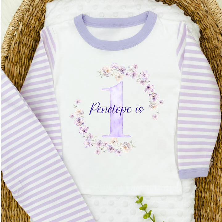 Personalised Floral Wreath Lilac Stripe Girls Birthday Pyjamas
