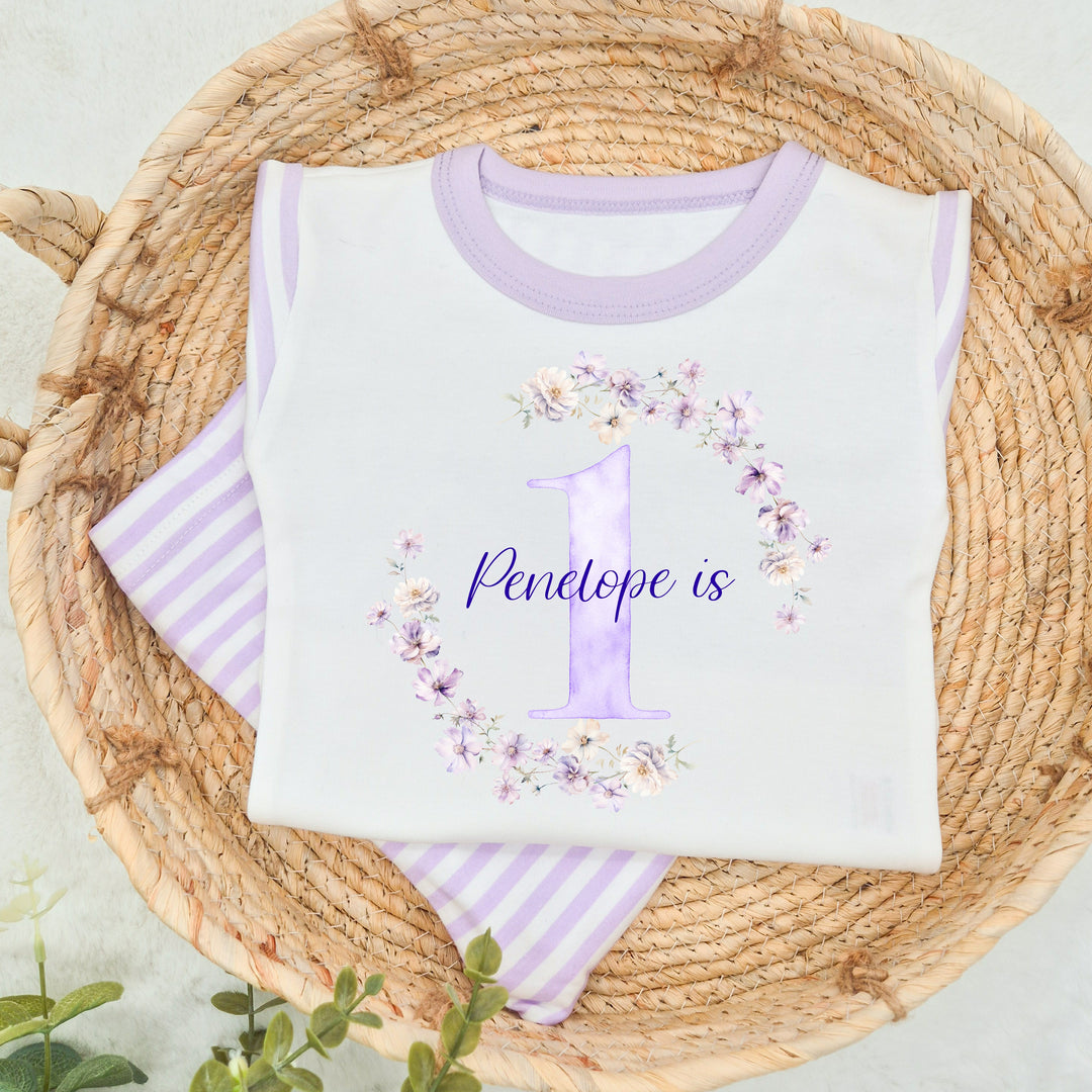 Personalised Floral Wreath Lilac Stripe Girls Birthday Pyjamas