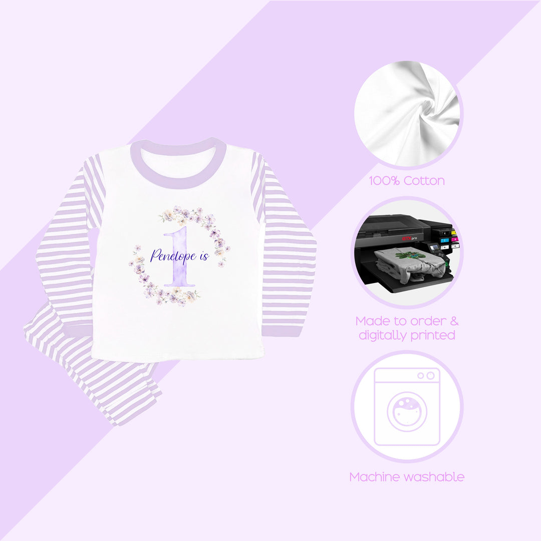 Personalised Floral Wreath Lilac Stripe Girls Birthday Pyjamas