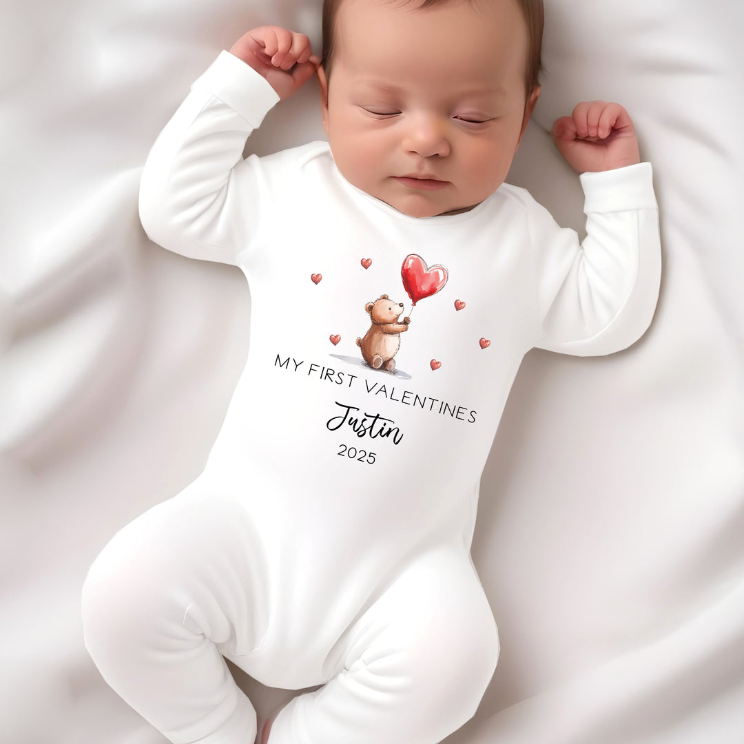 Personalised Our First Valentines Day Bears Red Balloons Babygrow/Vest