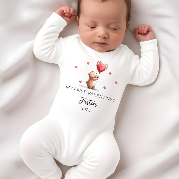 Personalised Our First Valentines Day Bears Red Balloons Babygrow/Vest