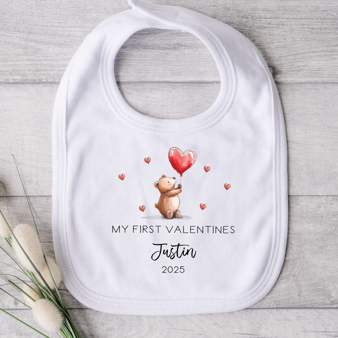 Personalised Our First Valentines Day Bears Red Balloons Babygrow/Vest