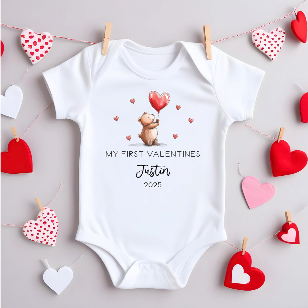 Personalised Our First Valentines Day Bears Red Balloons Babygrow/Vest